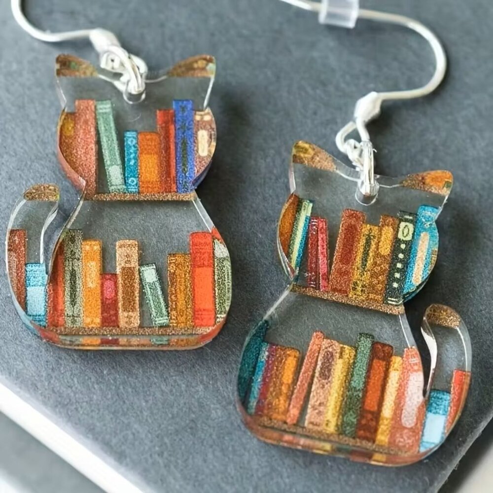 Cartoon Cat Bookshelf Earrings Z112